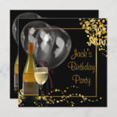 ワインボトルグラス金ゴールドブラックマンバースデーパーティー 招待状 (正面/裏面)