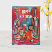 ワインボトルズグラス誕生日レッドブルージャジーアート カード (黄色い花)