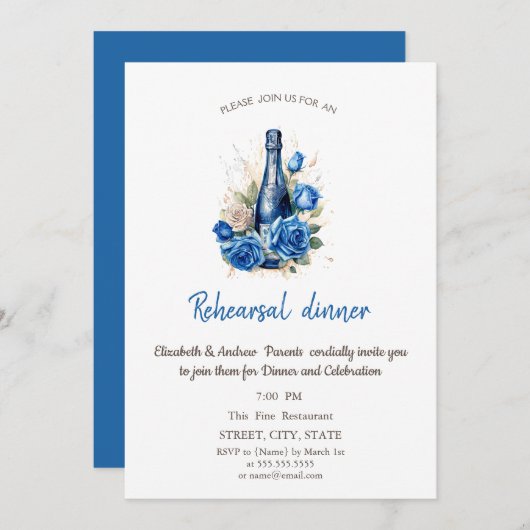 ワインボトルブルーバラリハーサルディナー 招待状 (正面/裏面)