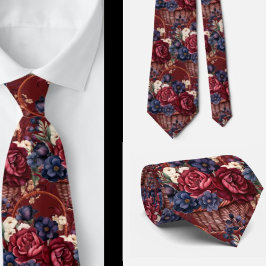 ワインボトルブルーパステルピンクの花 ネクタイ