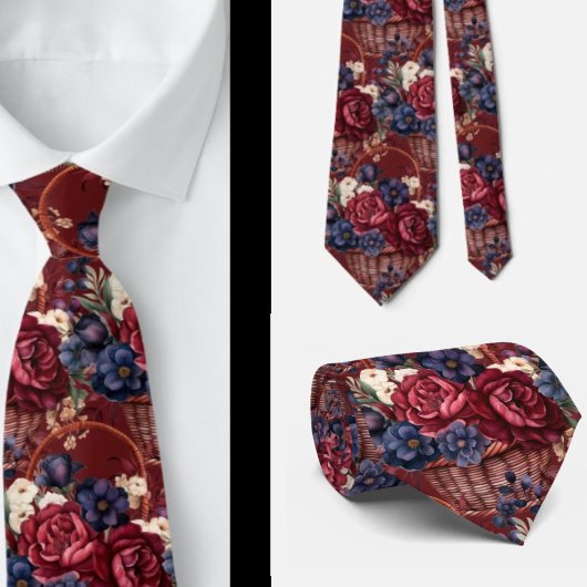 ワインボトルブルーパステルピンクの花 ネクタイ