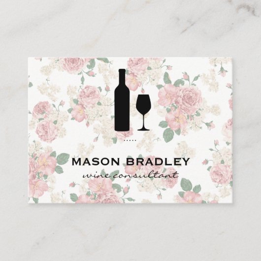 ワインボトル及びガラスエレガントフローラルパターン 名刺 (正面)