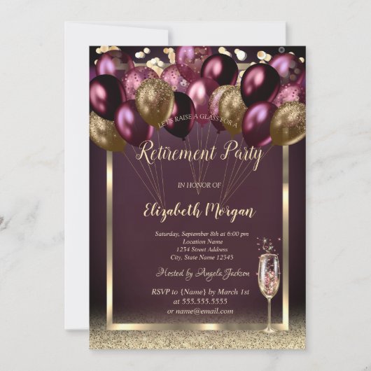 ワインボトル風船グリッター、バーガンディリタイアメント 招待状 (正面)