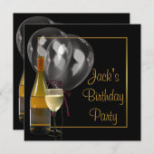 ワインボトル ガラス ゴールド ブラック メンズ 誕生日パーティー 招待状 (正面/裏面)