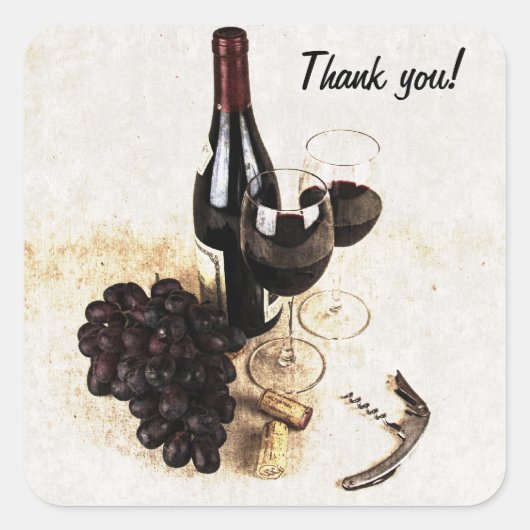 ワインボトル、ブドウとコルク スクエアシール (正面)
