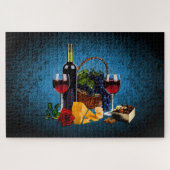 ワインボトル/ブドウ/バスケット、チーズ、チョコレート、ブルー ジグソーパズル (横)