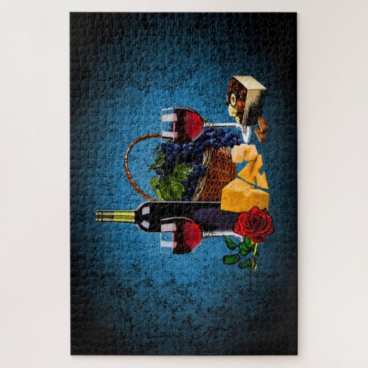 ワインボトル/ブドウ/バスケット、チーズ、チョコレート、ブルー ジグソーパズル (縦)