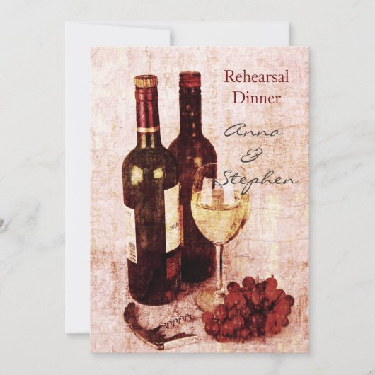 ワインボトル、ブドウ、ワインオープナー、ワイングラス 招待状 (正面)