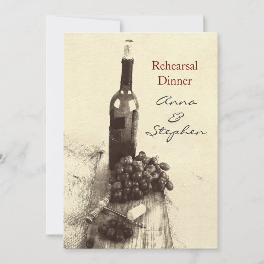 ワインボトル、ブドウ、栓抜きと栓 招待状 (正面)