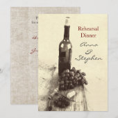 ワインボトル、ブドウ、栓抜きと栓 招待状 (正面/裏面)