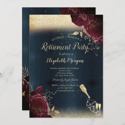ワインボトル、ワイングラス、バーガンディローズ、引退 招待状 (正面/裏面)