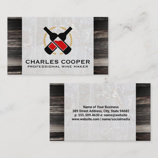 ワインボトル |大理石および木製の名刺 名刺 (正面/裏面)