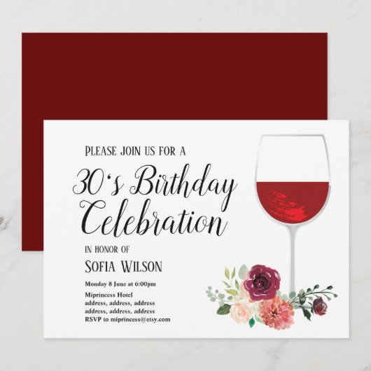 ワインボトル 赤ワイン 花 モチーフの誕生日パーティー招待状 招待状 (正面/裏面)