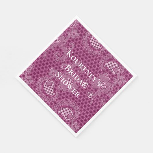 ワインボルドー色の白レース花飾り ブライダルシャワー スタンダードランチョンナプキン (角)