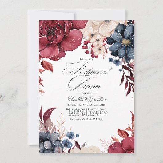 ワインボルドー、ネイビー&ブッシュのワインテーマのリハーサルディナー 招待状 (正面)