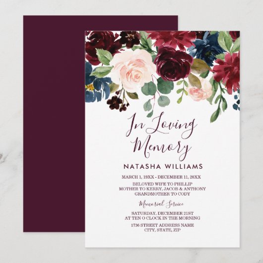 ワインボルドー 赤ワインの葬儀サービス発表 招待状 (正面/裏面)