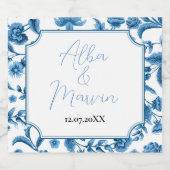 ワインラベルチンツブルー&ホワイトフローラディティ スパークリングワインラベル (シングルラベル)