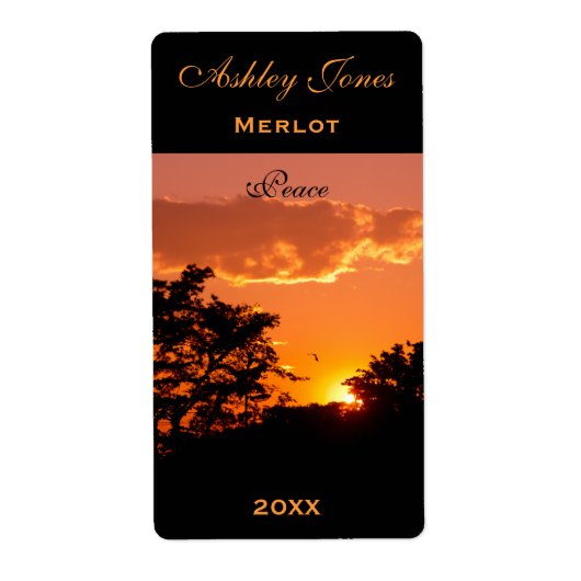 ワインラベルテンプレートオレンジサンセットバードシルエット ラベル (正面)