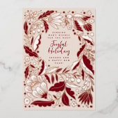 ワインレッドうれしそうなホリデーフォークイラストレーション 箔シーズンカード (正面)