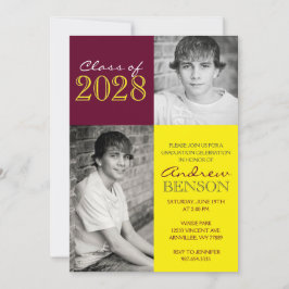 ワインレッドとイエローのクラシック2枚写真 卒業 招待状