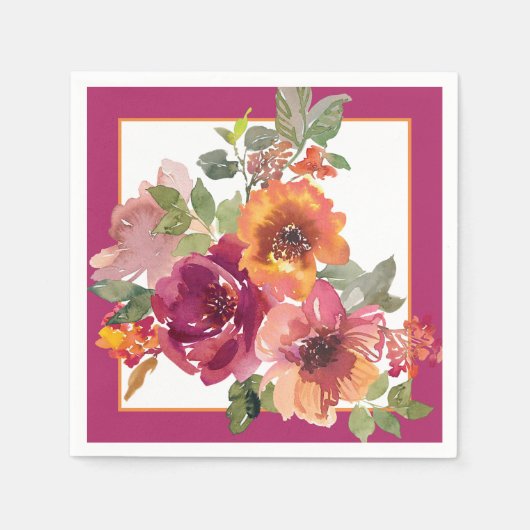 ワインレッドとオレンジの秋の水彩花 スタンダードカクテルナプキン (正面)