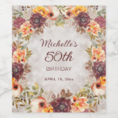ワインレッドとオレンジの花柄の女性の50歳の誕生日 ワインラベル (シングルラベル)