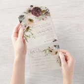 ワインレッドとクリームとピンクのヴィンテージピオニー Dinner オールインワン招待状 (貼ってはがせる)