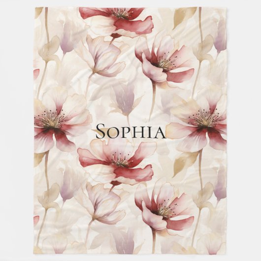 ワインレッドとクリームのラベンダー花の花嫁のシャワー フリースブランケット (正面)