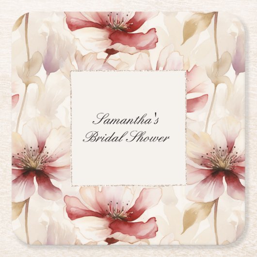 ワインレッドとクリームの花を飾ったブライダルシャワー スクエアペーパーコースター (正面)