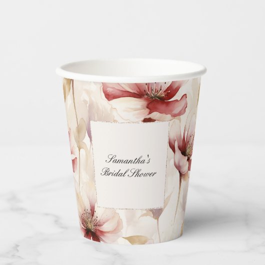 ワインレッドとクリームの花を飾ったブライダルシャワー 紙コップ (正面)
