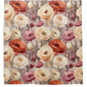 ワインレッドとクリーム色の春の花のブライズシャワー シャワーカーテン (正面)