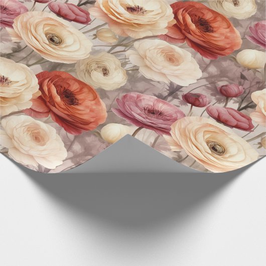 ワインレッドとクリーム色の春の花のブライズシャワー ラッピングペーパー (角)