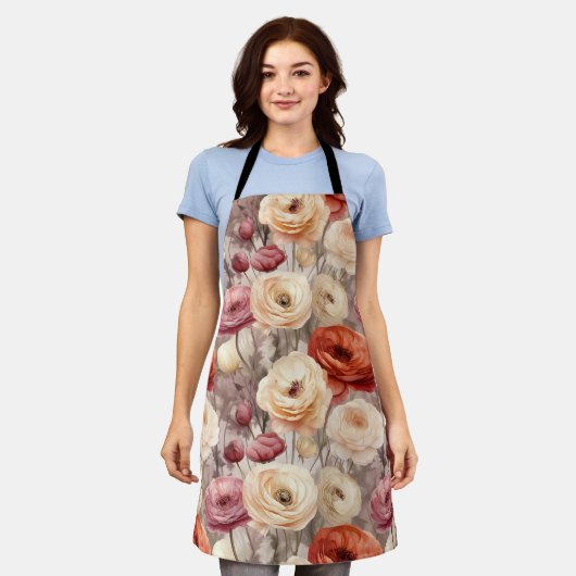 ワインレッドとクリーム色の春の花のブライダルシャワー エプロン (着用した状態)