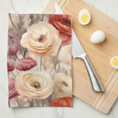 ワインレッドとクリーム色の春の花のブライダルシャワー キッチンタオル (四つ折り)