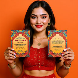 ワインレッドとグリーンのディワリ・ラディアンス 招待状