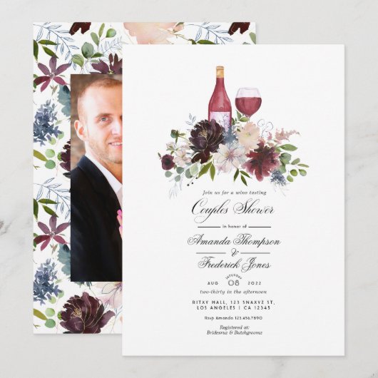 ワインレッドとコーラルピンクのワインをテーマにしたペアシャワー 招待状 (正面/裏面)