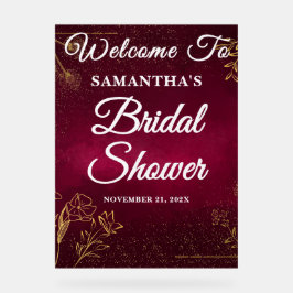 ワインレッドとゴールドのオータム ブライダルシャワー ウェルカム アクリルサイン