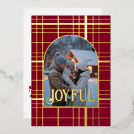 ワインレッドとゴールドのギンガムチェックのクリスマスホリデー写真 箔シーズンカード