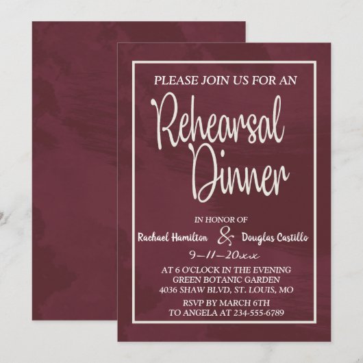ワインレッドとゴールドのグリッター ポケット リハーサル ディナー 招待状 (正面/裏面)