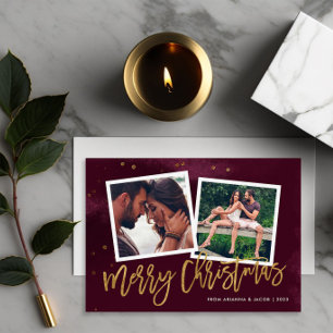 ワインレッドとゴールドのスクリプト メリークリスマス 2枚の写真 シーズンカード