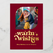 ワインレッドとゴールドのモダン レトロ クリスマス フォト 箔シーズンカード (正面)