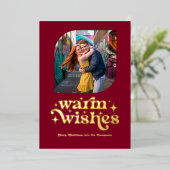 ワインレッドとゴールドのモダン レトロ クリスマス フォト 箔シーズンカード (立ち正面)