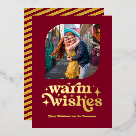 ワインレッドとゴールドのモダン レトロ クリスマス フォト 箔シーズンカード