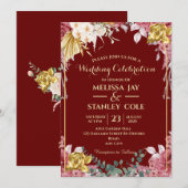 ワインレッドとゴールドのユーカリの花輪 ウェディング 招待状 (正面/裏面)