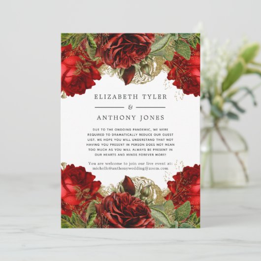 ワインレッドとゴールドのヴィンテージスタイル ゲストリスト縮小のお知らせ 案内状 (スタンド正面)