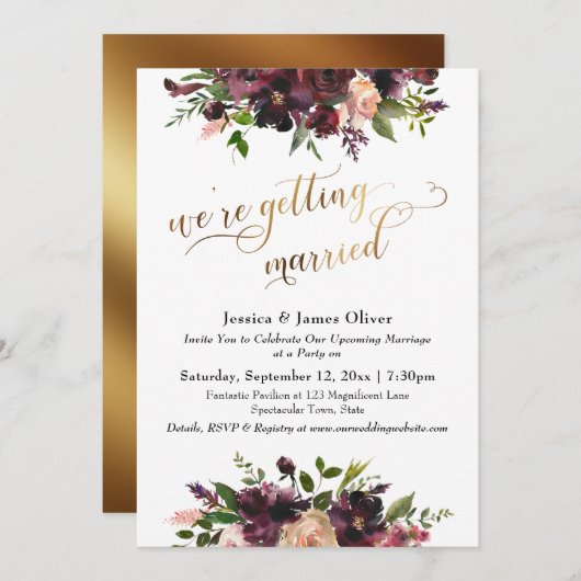 ワインレッドとゴールドの花嫁 私たちは結婚します 招待状 (正面/裏面)