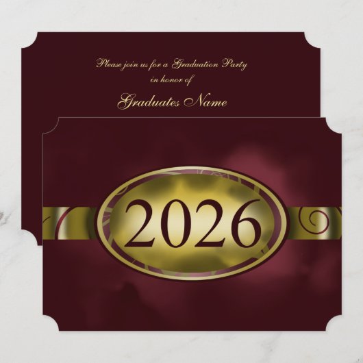 ワインレッドとゴールドの花柄ボタン 2026年卒業パーティー 招待状 (正面/裏面)