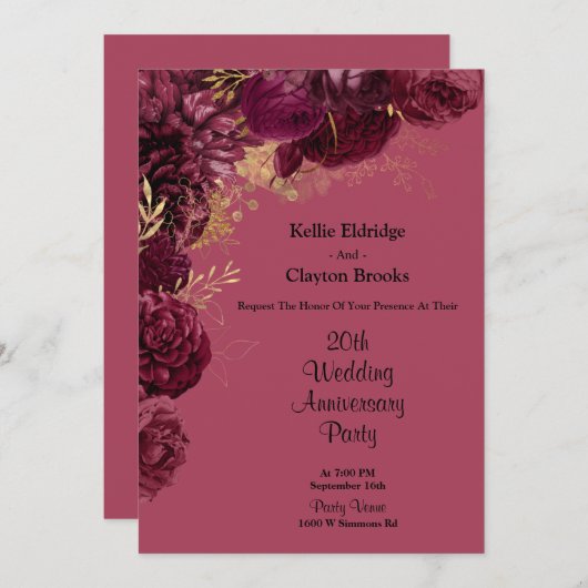 ワインレッドとゴールドの花柄 ウェディングアニバーサリーパーティー 招待状 (正面/裏面)