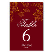 ワインレッドとゴールドの落ち葉の秋の結婚式 テーブルナンバー (裏面)