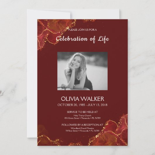 ワインレッドとゴールドの葬儀　人生を称える 招待状 (正面)